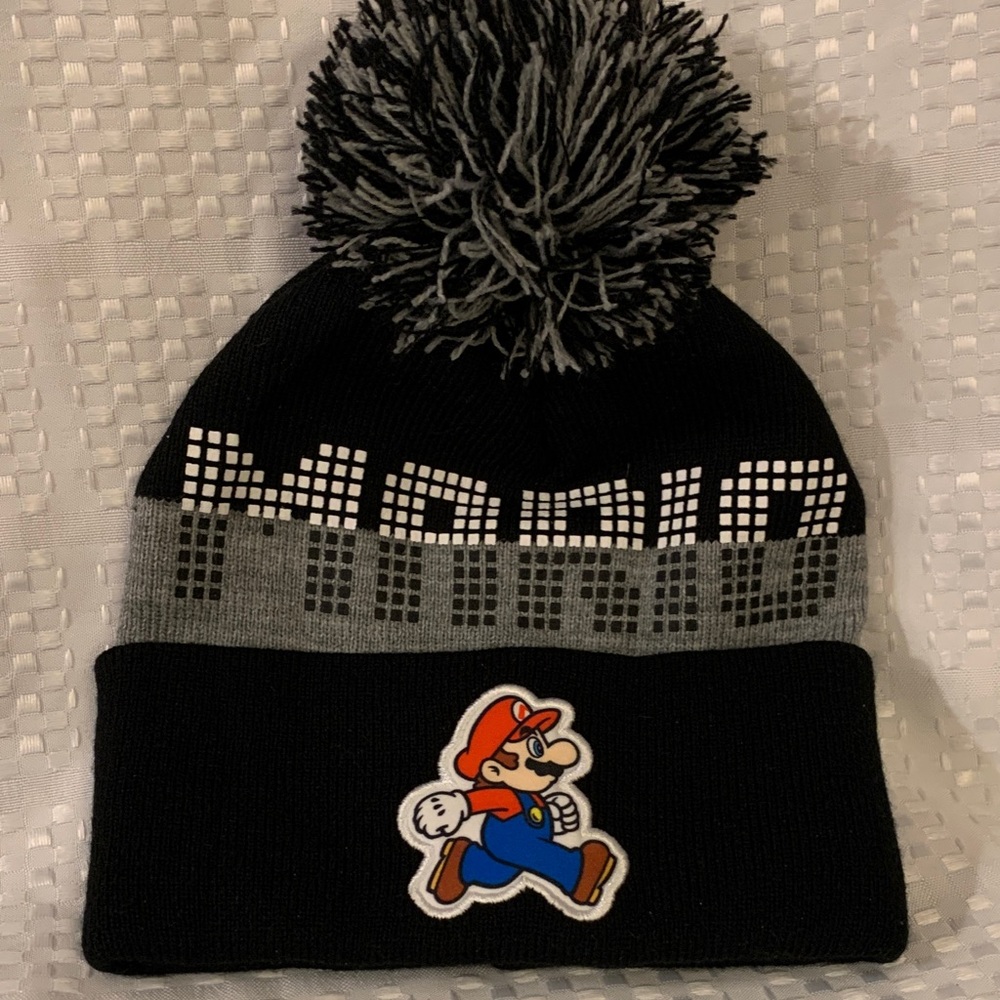 Nintendo Black and Gray Kids Pom Beanie with Mario Patch.